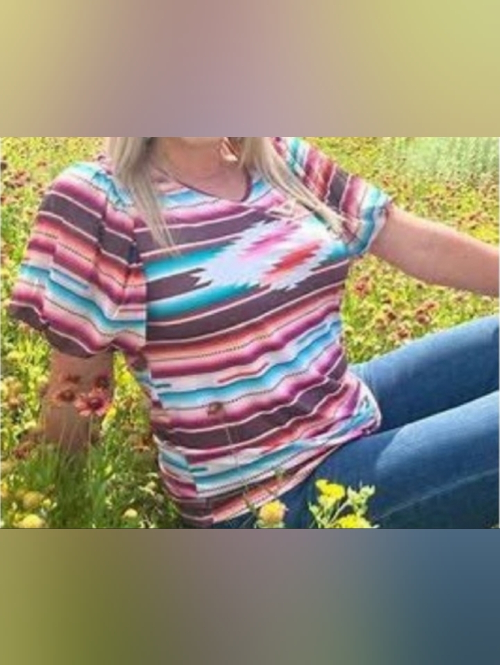 Women's Aztec Stripe V-Neck Top in Turquoise & Pink